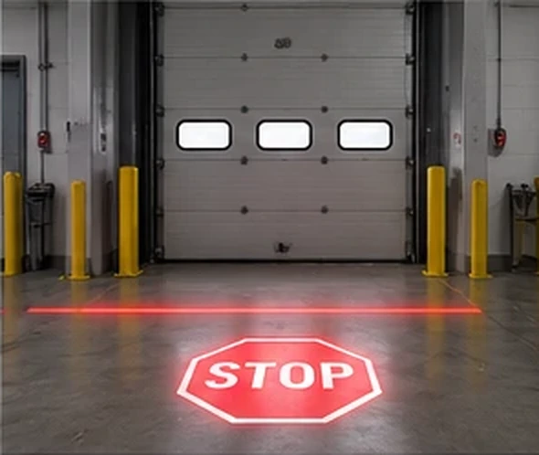 Red STOP sign projected at a loading dock door — Infinity Projectors