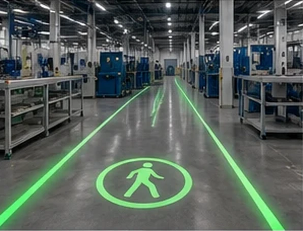 Green pedestrian symbol and walkway line on a plant floor — Infinity Projectors