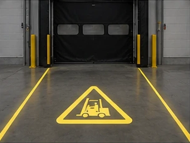 Warehouse dock door with a yellow forklift warning triangle and two yellow lane lines projected on the floor — Infinity Projectors