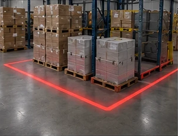 Red boundary box projected around pallets in a staging area — Infinity Projectors