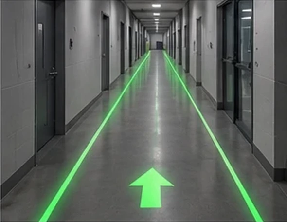 Green direction arrow projected down a corridor — Infinity Projectors