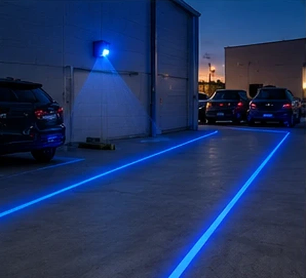 Blue laser lines marking a parking lane on an outdoor lot at dusk, projector mounted high on the building wall — Infinity Projectors