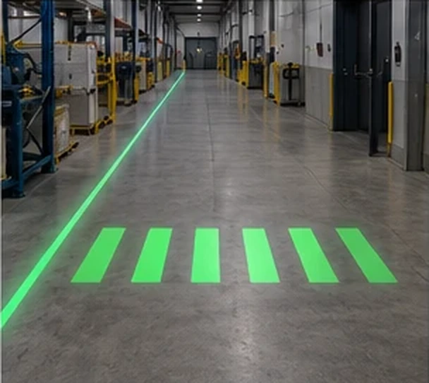 Green laser line running down a factory corridor with six projected crosswalk bars on the concrete floor — Infinity Projectors