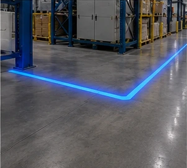 Blue lane line turning a corner in a warehouse — Infinity Projectors