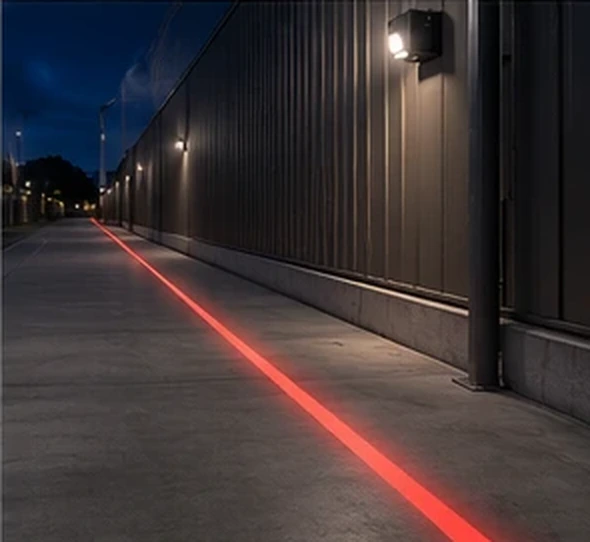 Red line projected along an exterior wall at night — Infinity Projectors