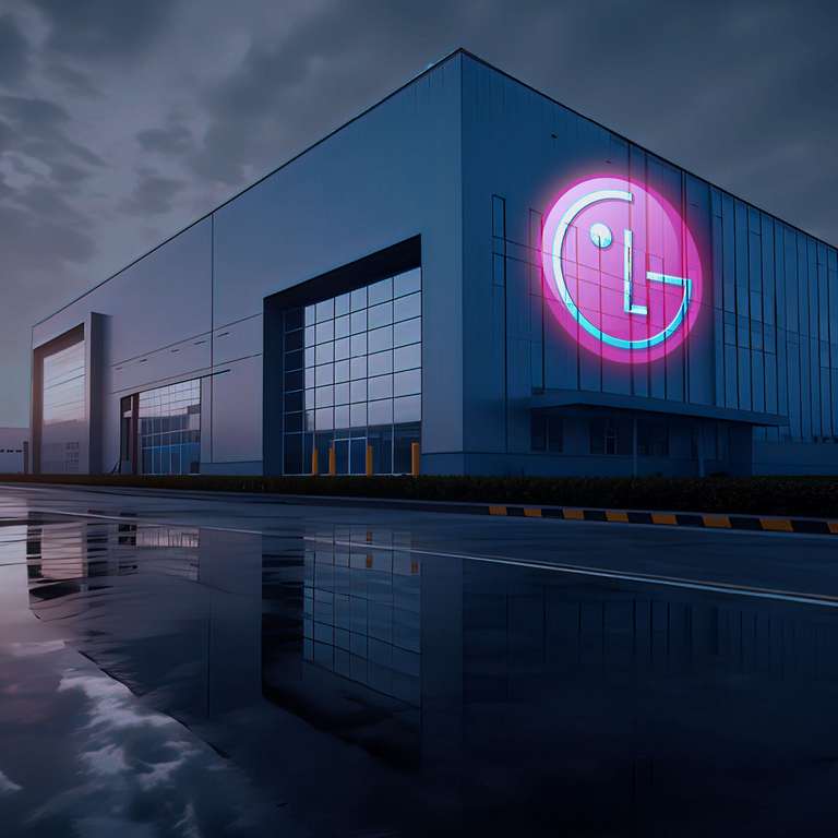 Glowing pink electronics-brand logo on the facade of a modern corporate building after rain — Infinity Projectors