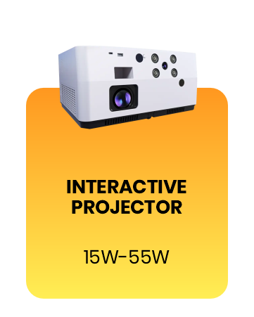 Interactive projector, white body, 3/4 view, on an orange gradient card labeled 'Interactive Projector, 15W-55W' — Infinity Projectors