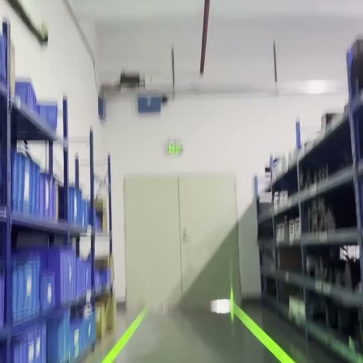 Dual green laser floor lines marking a narrow warehouse aisle between blue bin shelving toward an exit door — Infinity Projectors