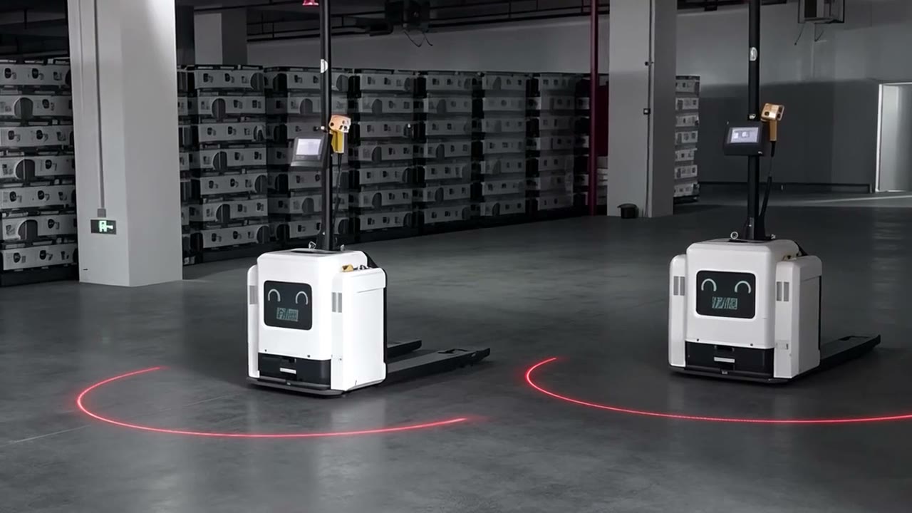 Arch laser warning light demo: red arcs on the floor ahead of AGVs — Infinity Projectors