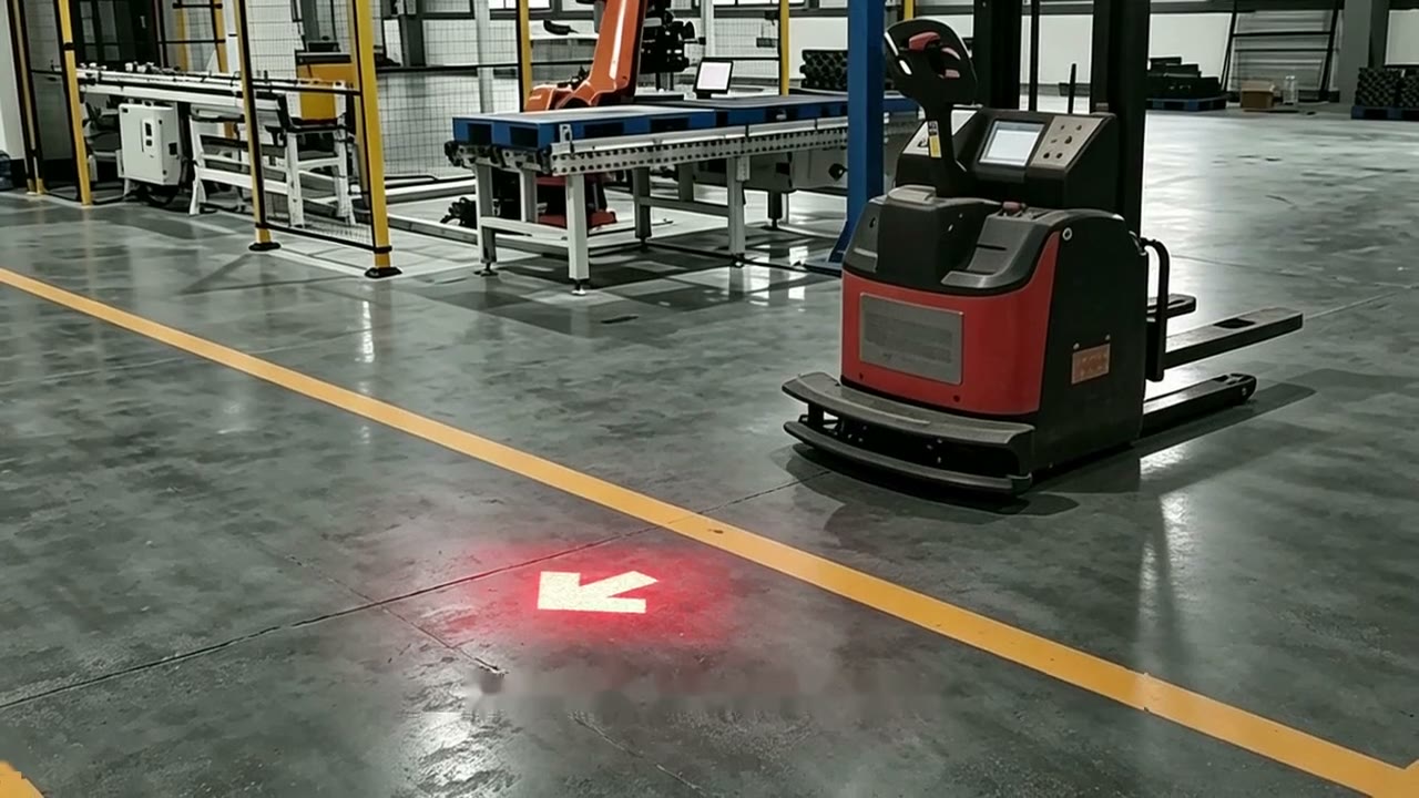 Red block arrow laser warning light demo on a pallet truck and an AGV — Infinity Projectors