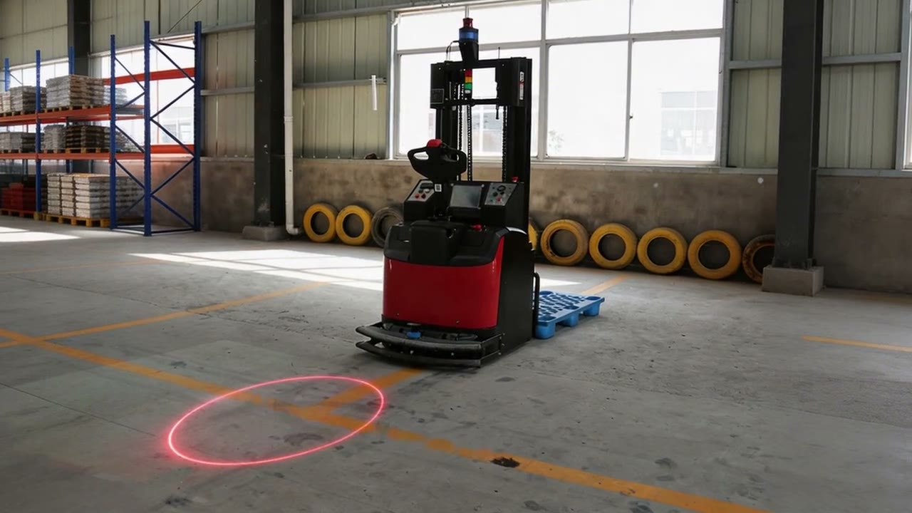 Circle laser warning light demo: a red keep-out ring beside a forklift — Infinity Projectors