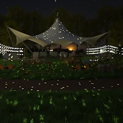 Rendered night scene of a glamping tent lounge dotted with green firefly laser lights across the lawn