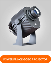 PowerPrince-style outdoor gobo projector, dark grey/black body, 3/4 view, grey card with orange banner 'Power Prince Gobo Projector' — Infinity Projectors