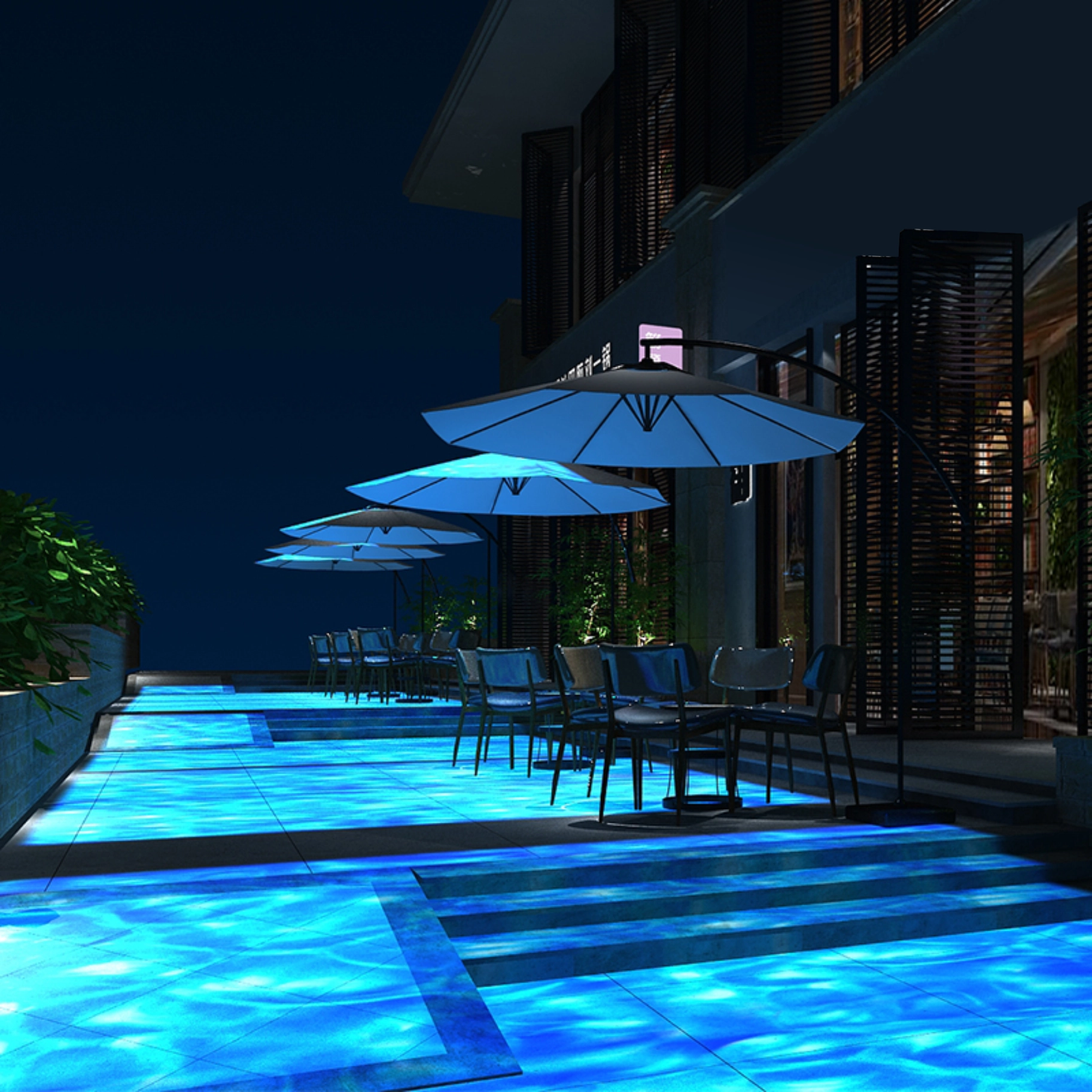 real photo of rooftop pool deck with blue lighting — Infinity Projectors