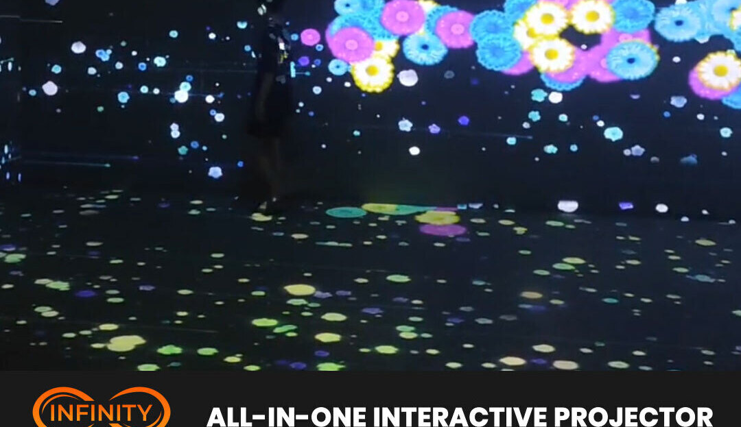 Video: neon flower blooms drift across dark walls and floor around a walking guest