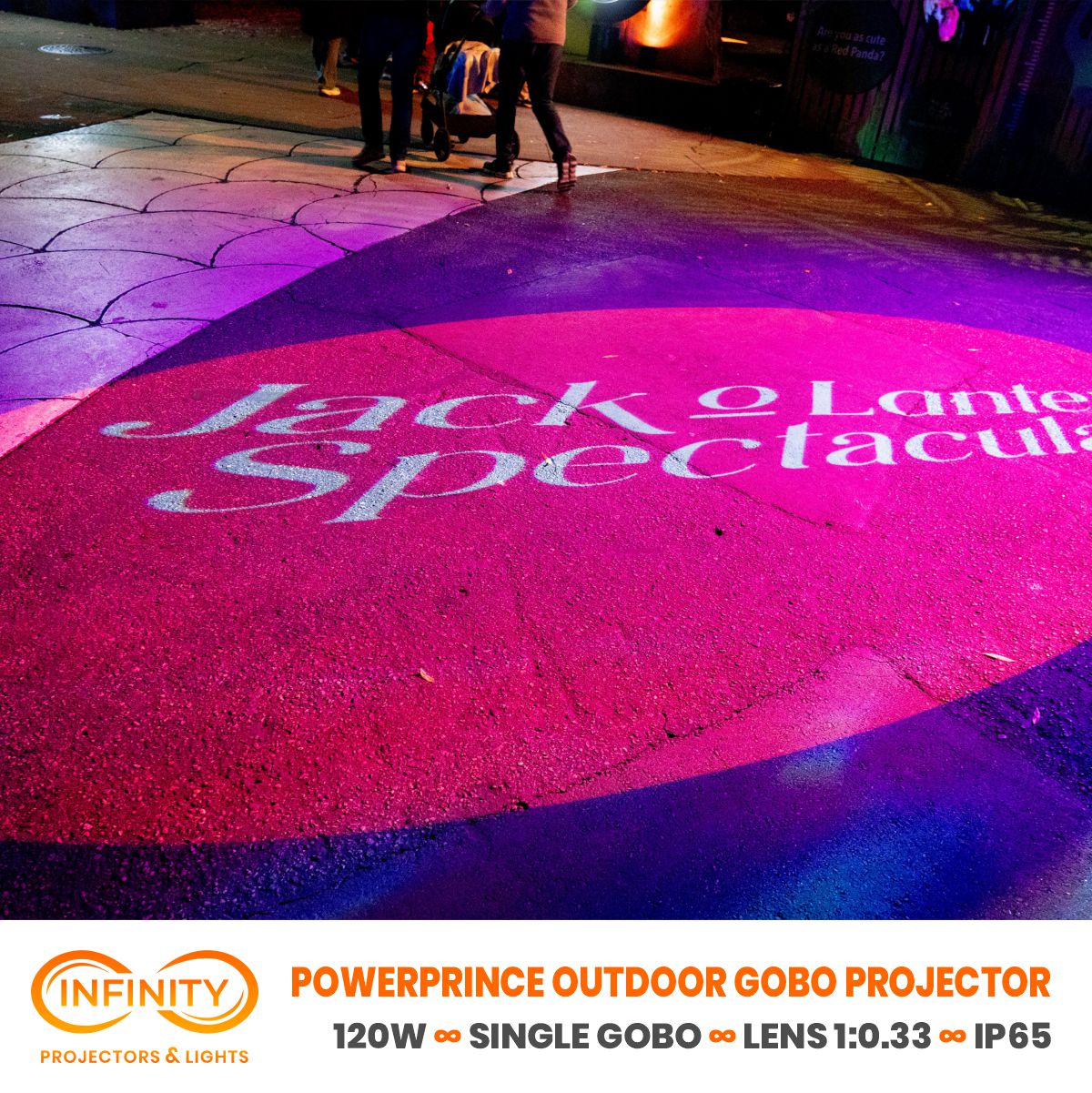 Product image: pink event-title projection on a zoo plaza at night, with outdoor gobo projector banner below