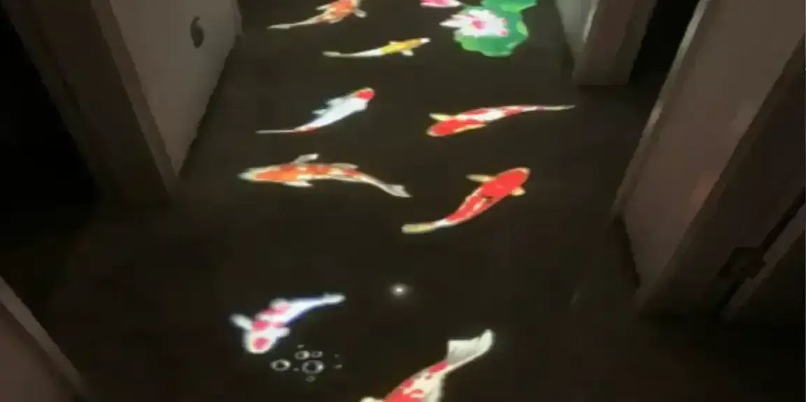 School of bright koi fish with lotus blooms projected down a dark home hallway floor at night