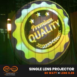 Video: gold premium quality badge gobo projected across a corrugated metal wall