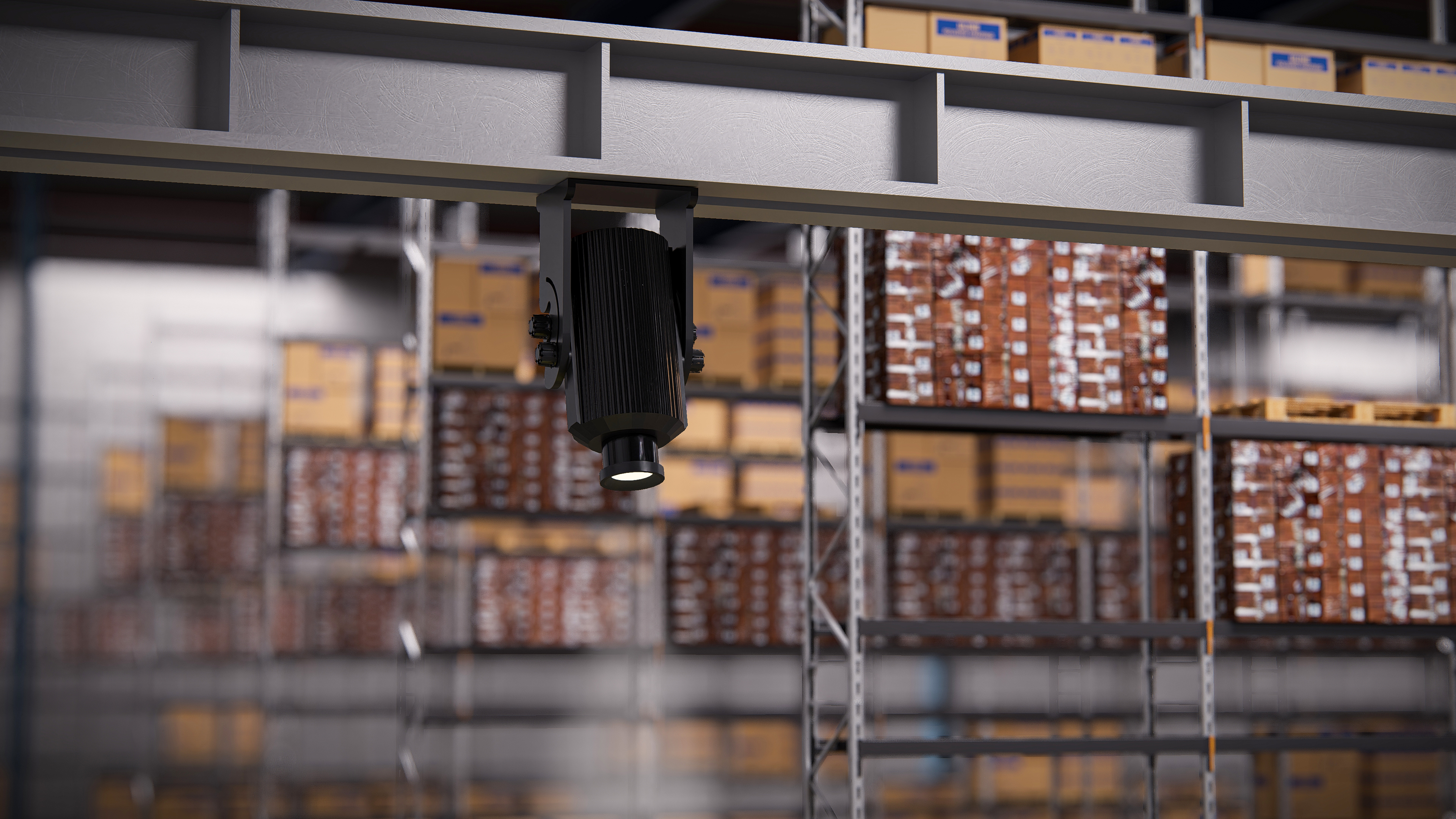 Rendered demonstration of caution forklift traffic and stop sign floor projections in a CGI warehouse with pallet racking — Infinity Projectors