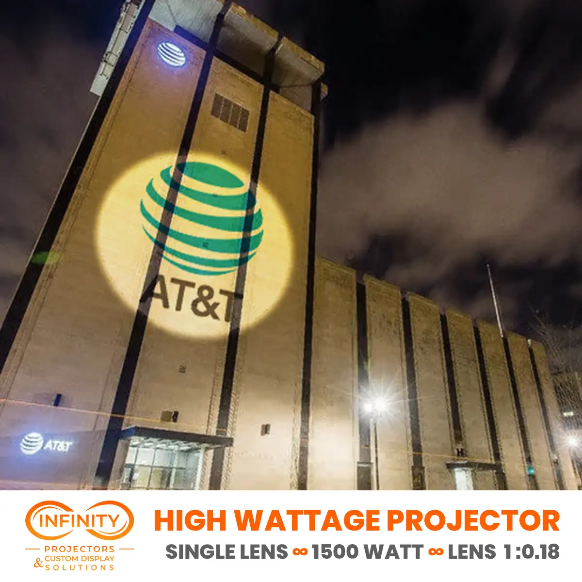 A telecom globe logo glowing in a warm circle on an industrial tower, cast by a high wattage gobo projector