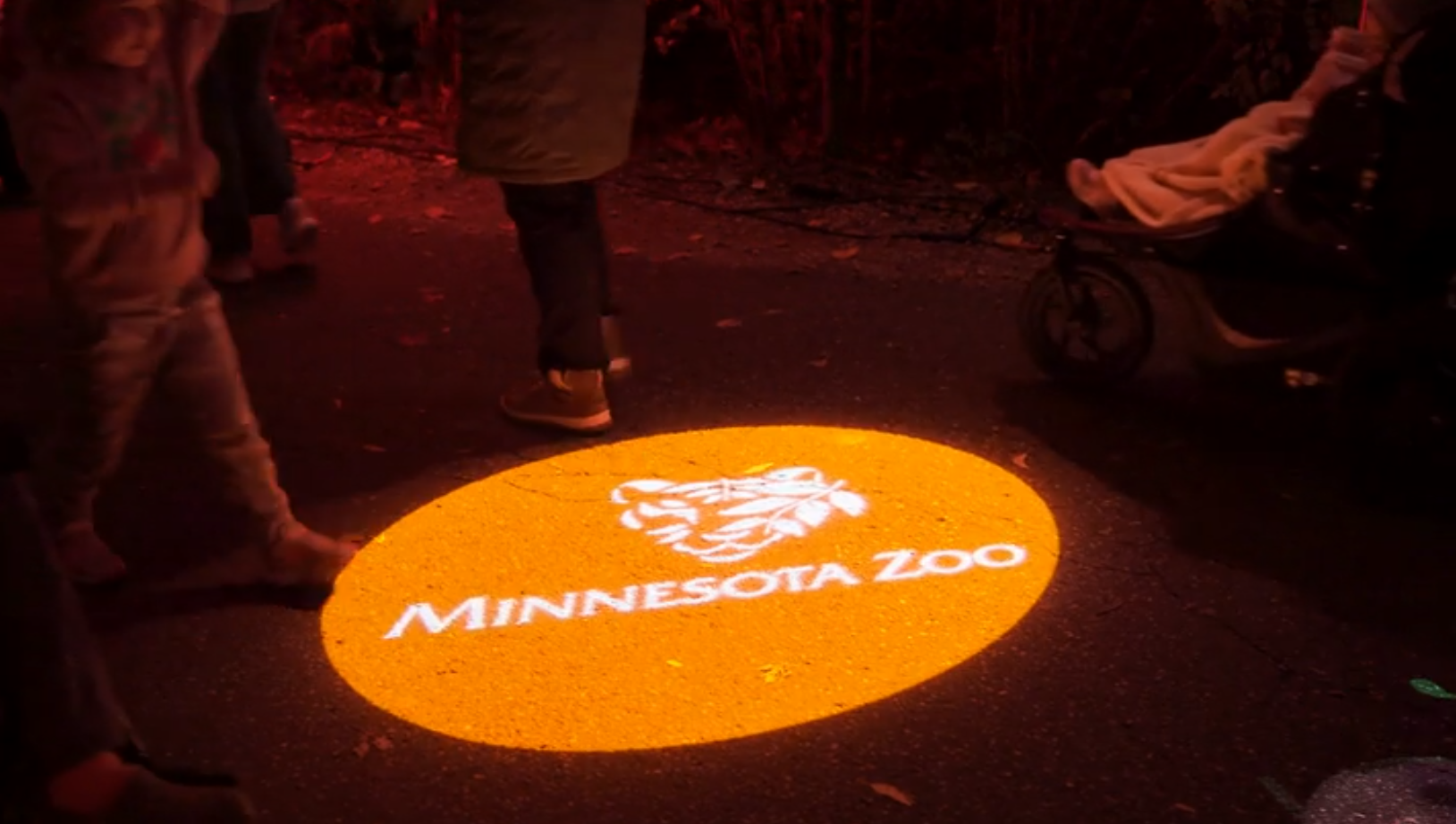 Video: orange circular zoo logo gobo shines on a dark walkway as visitors stroll past