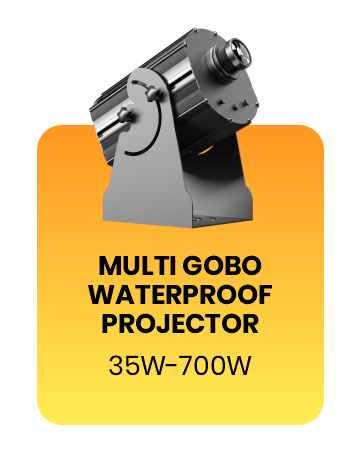 Multi-gobo waterproof projector, silver/black body, 3/4 view, on an orange gradient card labeled 'Multi Gobo Waterproof Projector, 35W-700W' — Infinity Projectors