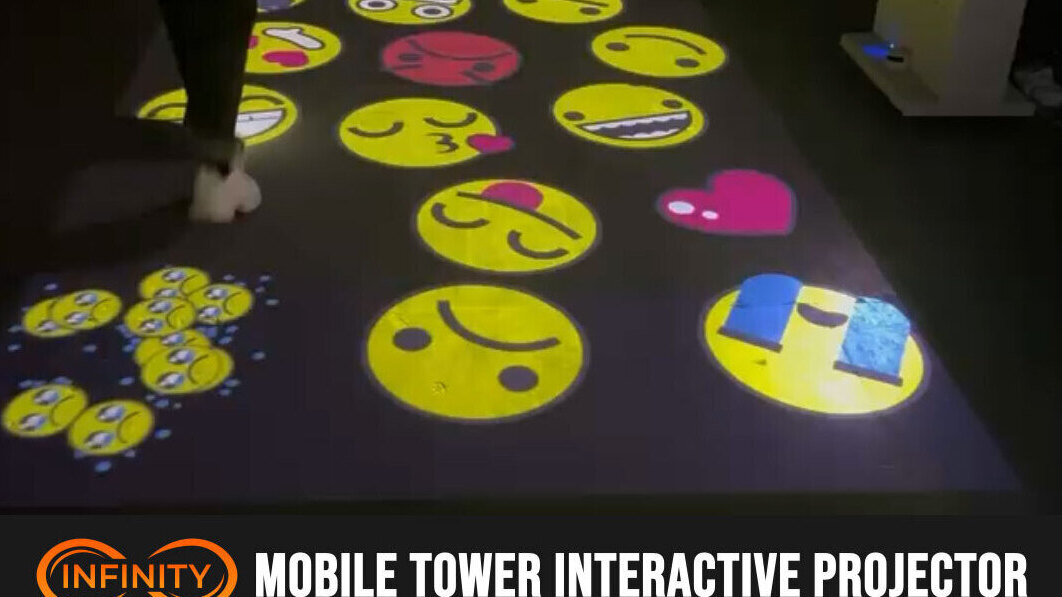 Real photo of interactive smiley pattern on floor with banner