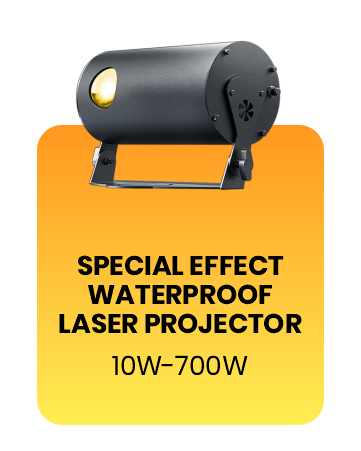 Special effect waterproof laser projector, black body with visible amber beam, 3/4 view, on an orange gradient card labeled 'Special Effect Waterproof Laser Projector, 10W-700W' — Infinity Projectors