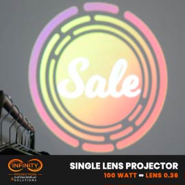 Video: pastel rainbow Sale badge projected above shopping carts in a retail store — Infinity Projectors