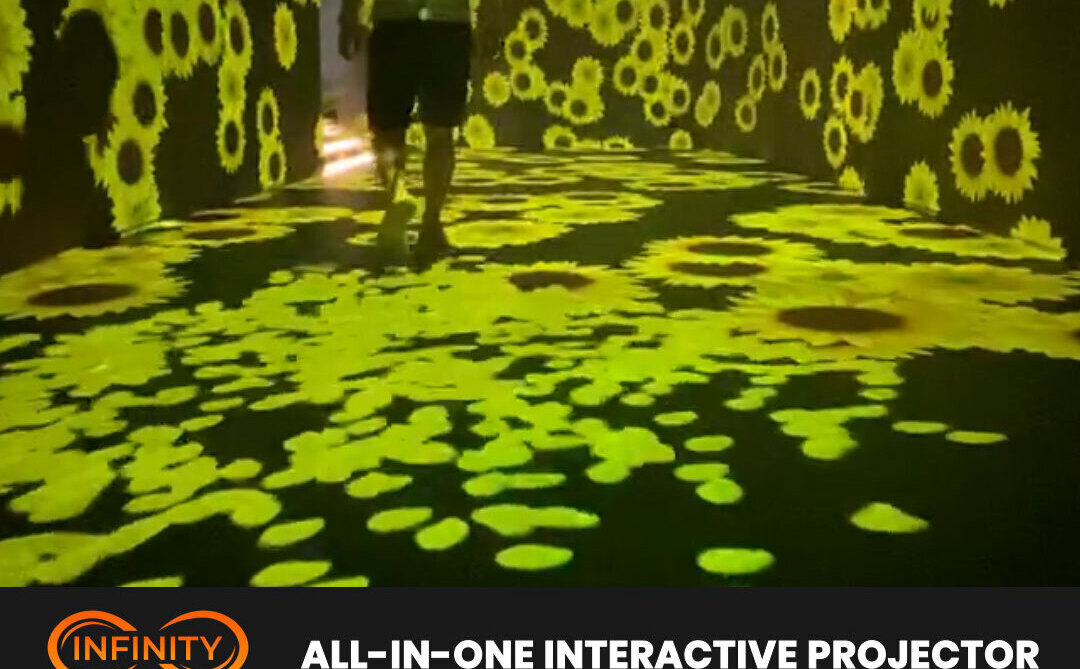 Video: visitor strolls a corridor blanketed in projected sunflowers on walls and floor