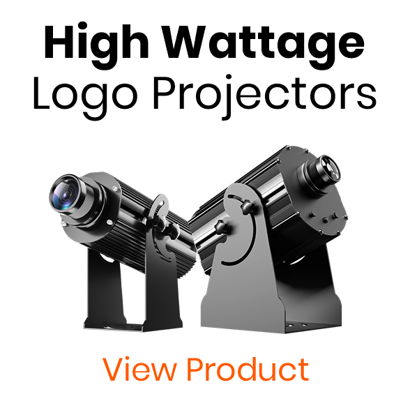Side-by-side black high-wattage logo projectors under the heading 'High Wattage Logo Projectors' with a 'View Product' button - category header graphic — Infinity Projectors