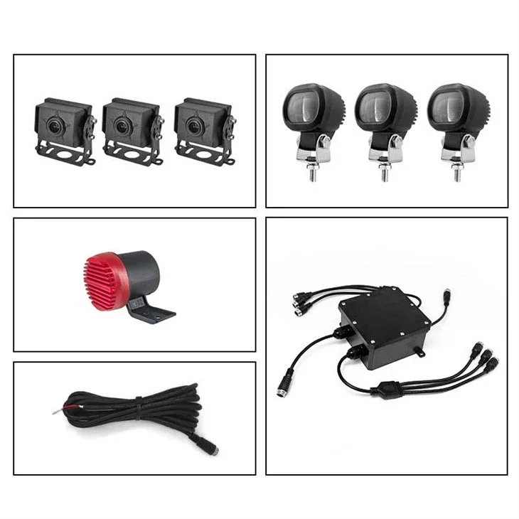 Forklift safety zone kit laid out: three infrared sensors, three red/green line lights, control box, voice alarm, harness — Infinity Projectors