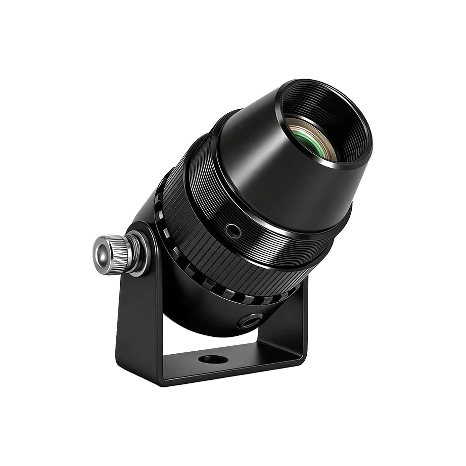Top-angle view of the SafeGuide laser line projector showing the green lens and the twist ring that sets line length — Infinity Projectors