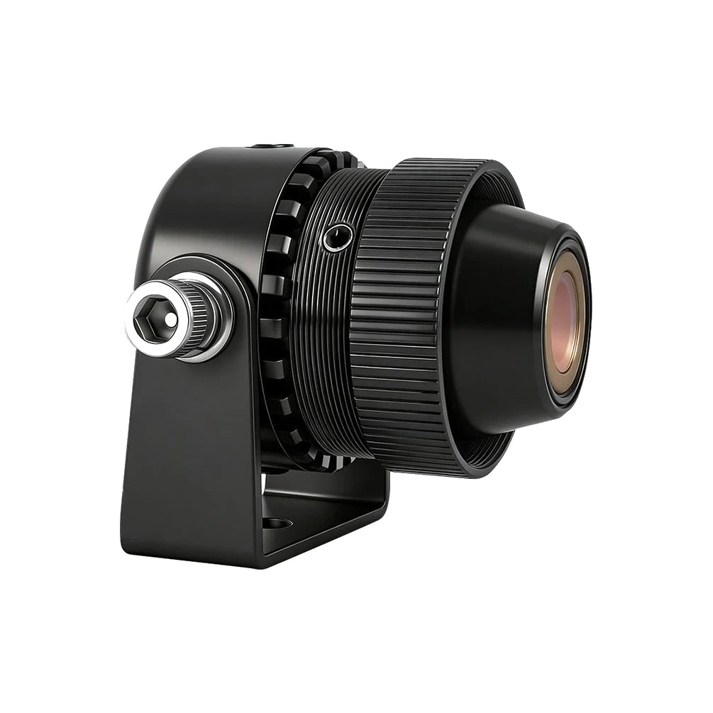 Side profile of the SafeGuide laser line projector mounted on its 360-degree tilt bracket — Infinity Projectors