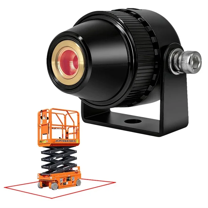 Red laser boundary box projected on the ground around a scissor lift by SafeGuide laser line projectors — Infinity Projectors