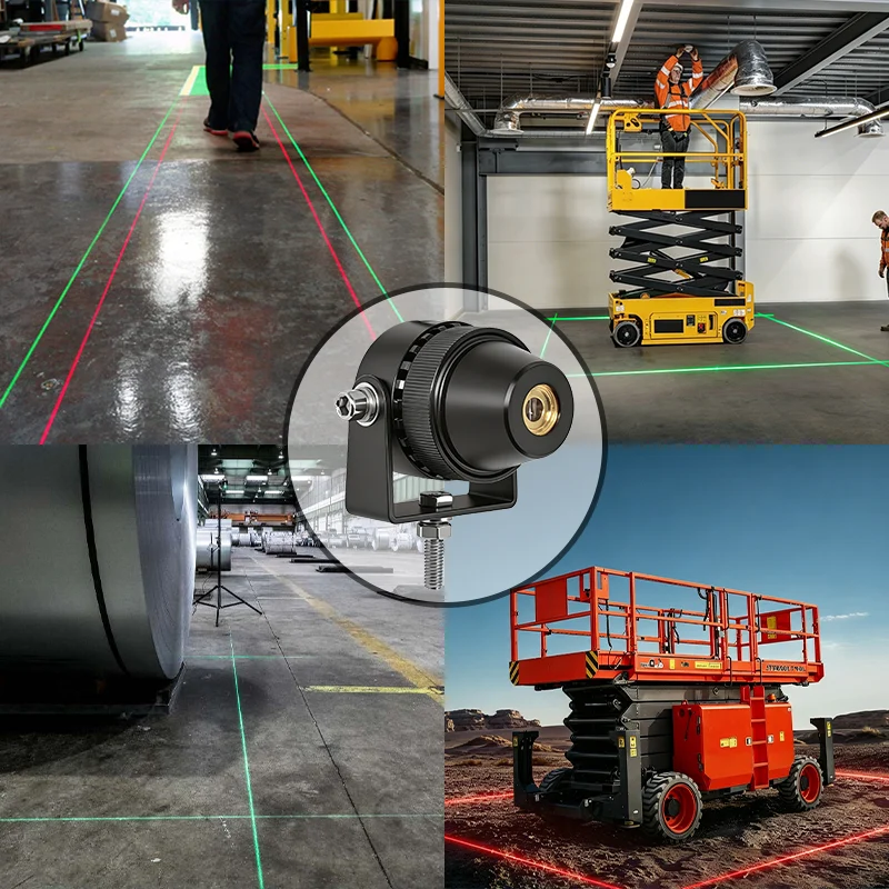Real installs: green and red laser lines marking a walkway, a scissor lift boundary and a dock lane on warehouse floors — Infinity Projectors