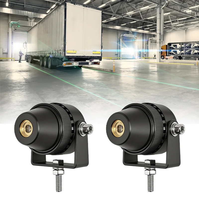 Two SafeGuide units projecting green lane lines along a loading dock beside a trailer — Infinity Projectors