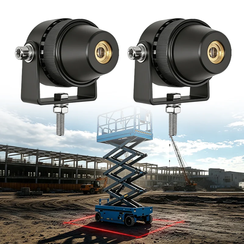 Two SafeGuide units and a red laser boundary projected around a scissor lift on a job site — Infinity Projectors