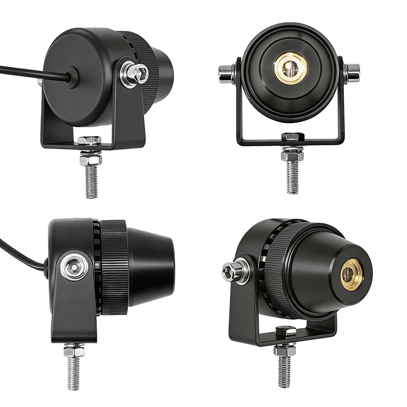 Four views of the SafeGuide laser line projector: rear with cable, top, front lens and side on the bracket — Infinity Projectors