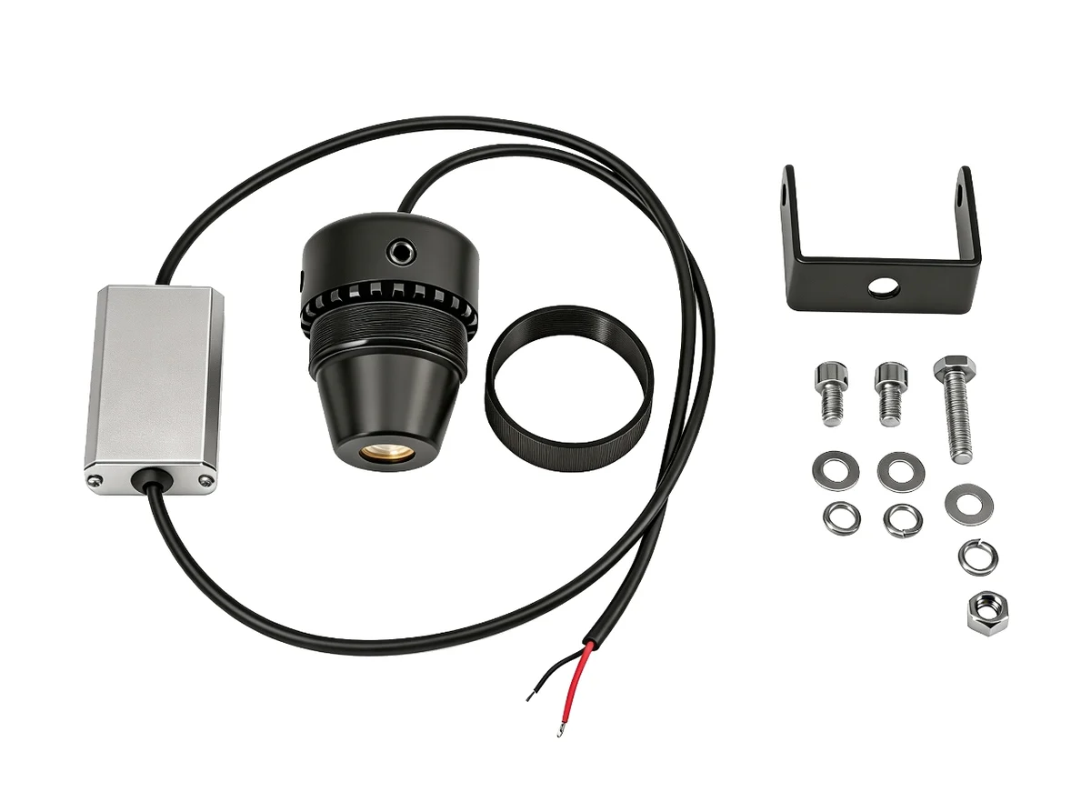 Package contents: laser head with inline driver and bare power leads, lock ring, U-bracket, bolts, washers and nuts — Infinity Projectors