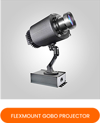 Flexmount gobo projector with articulating gooseneck mount, silver body, 3/4 view, grey card with orange banner 'Flexmount Gobo Projector' — Infinity Projectors